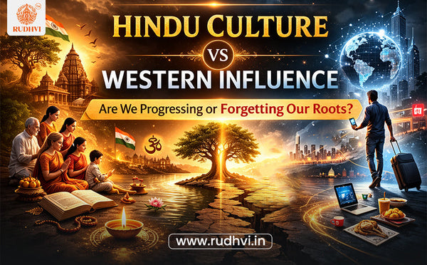 Illustration showing Hindu culture traditions on one side and modern Western lifestyle influence on the other, symbolizing cultural balance