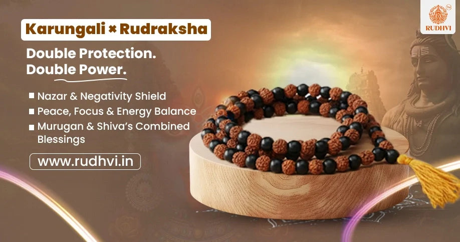 Karungali wood and Rudraksha bead mala for spiritual protection, grounding, and positive energy