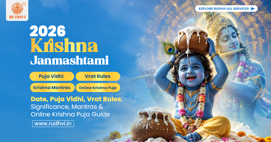 Learn Krishna Janmashtami 2026 date, fasting rules, puja vidhi, Krishna mantras, significance, benefits and book Online Krishna Puja to seek Lord Krishna's blessings for happiness, prosperity, health and family well-being.
