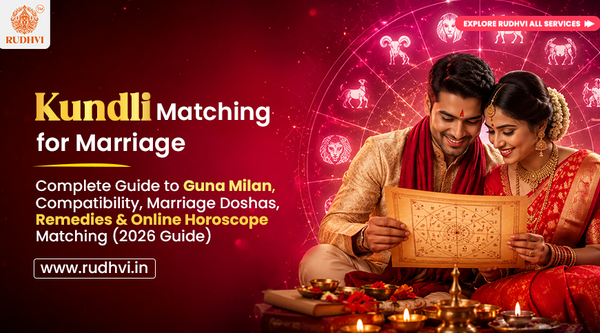 Kundli Matching for Marriage guide covering Guna Milan, Horoscope Matching, Mangal Dosha, Marriage Doshas, and Vedic compatibility.