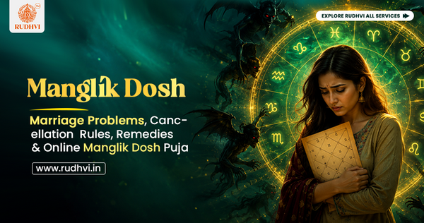Manglik Dosh (Mangal Dosha) guide explaining marriage problems, cancellation rules, remedies, and Manglik Dosh Puja.
