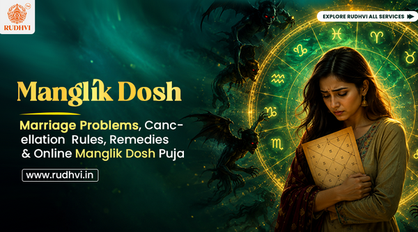 Manglik Dosh (Mangal Dosha) guide explaining marriage problems, cancellation rules, remedies, and Manglik Dosh Puja.