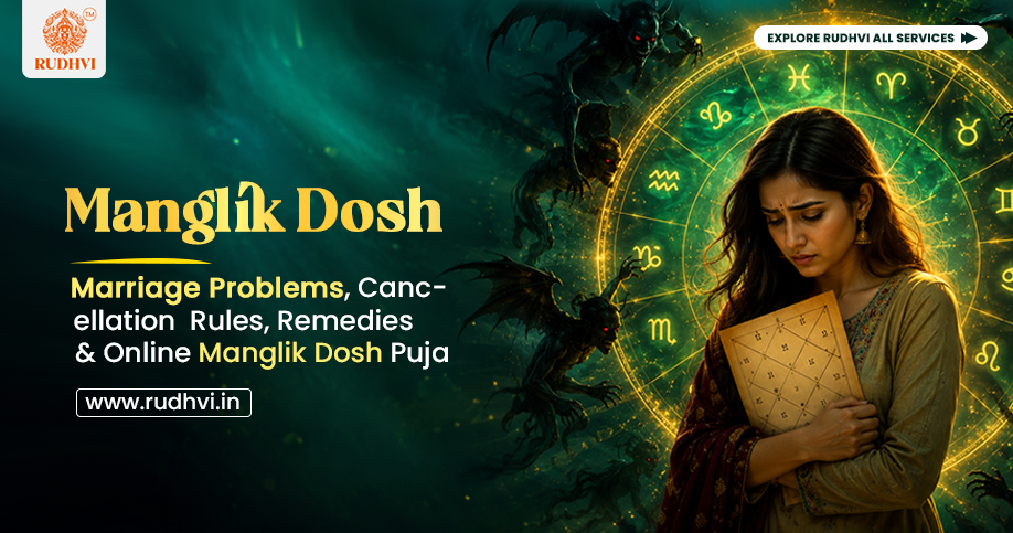 Manglik Dosh (Mangal Dosha) guide explaining marriage problems, cancellation rules, remedies, and Manglik Dosh Puja.