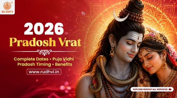Pradosh Vrat 2026 calendar with Lord Shiva and Goddess Parvati showing Pradosh Vrat dates, Trayodashi timings, Shiv Puja Vidhi and fasting guide