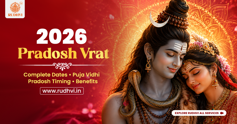 Pradosh Vrat 2026 calendar with Lord Shiva and Goddess Parvati showing Pradosh Vrat dates, Trayodashi timings, Shiv Puja Vidhi and fasting guide