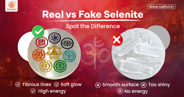 Real vs fake selenite crystal comparison showing fibrous lines and smooth resin surface difference