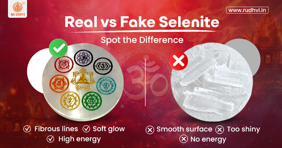 Real vs fake selenite crystal comparison showing fibrous lines and smooth resin surface difference