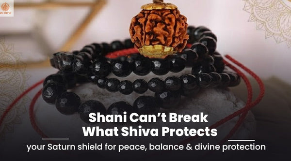 Rudhvi’s Rudraksha + Black Tourmaline Bracelet is your Saturn shield for peace, balance, and divine protection under Lord Shiva’s blessings.