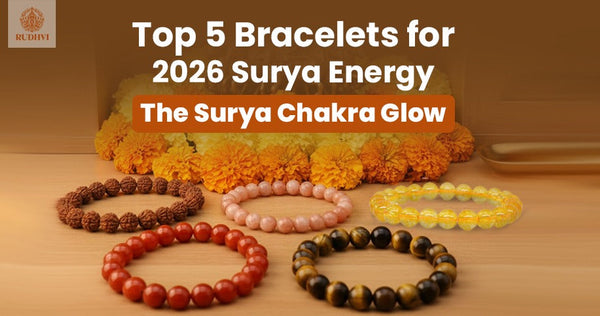 Top 5 Bracelets for 2026 Surya Energy – Carnelian, Tiger Eye, Citrine, Sunstone, Rudraksha displayed with marigold flowers – Rudhvi™