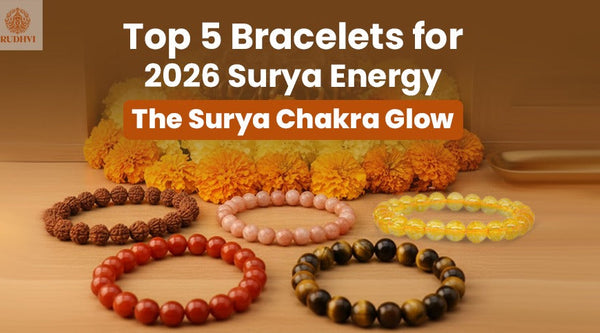 Top 5 Bracelets for 2026 Surya Energy – Carnelian, Tiger Eye, Citrine, Sunstone, Rudraksha displayed with marigold flowers – Rudhvi™