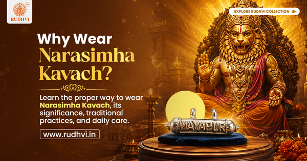 Lord Narasimha Kavach pendant with a guide explaining why to wear Narasimha Kavach, its traditional significance, benefits, and proper wearing method.