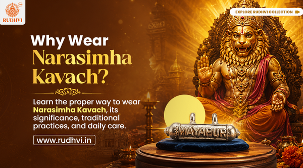 Lord Narasimha Kavach pendant with a guide explaining why to wear Narasimha Kavach, its traditional significance, benefits, and proper wearing method.