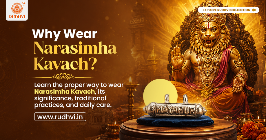 Lord Narasimha Kavach pendant with a guide explaining why to wear Narasimha Kavach, its traditional significance, benefits, and proper wearing method.