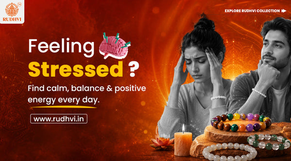 Person feeling stressed with crystal bracelet symbolizing calmness balance and positive energy