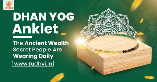 Dhan Yog Anklet for wealth and prosperity placed on wooden block with spiritual design