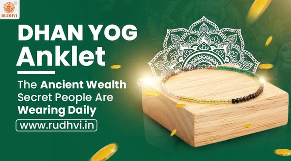 Dhan Yog Anklet for wealth and prosperity placed on wooden block with spiritual design