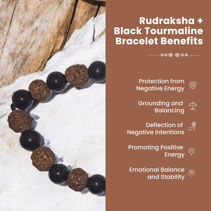 Rudraksha + Black Tourmaline Bracelet 5-mukhi Rudraksha