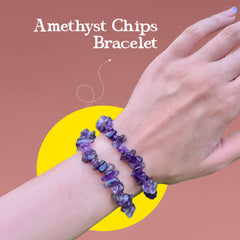 Amethyst chips bracelet on a wrist with a pink background and text 'Amethyst Chips Bracelet'.
