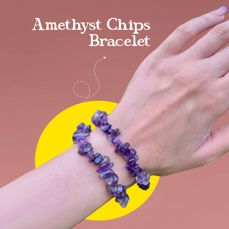 Amethyst chips bracelet on a wrist with a pink background and text 'Amethyst Chips Bracelet'.
