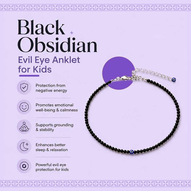 Black Obsidian Evil Eye Anklet for Kids (3+ Years) | Rudhvi