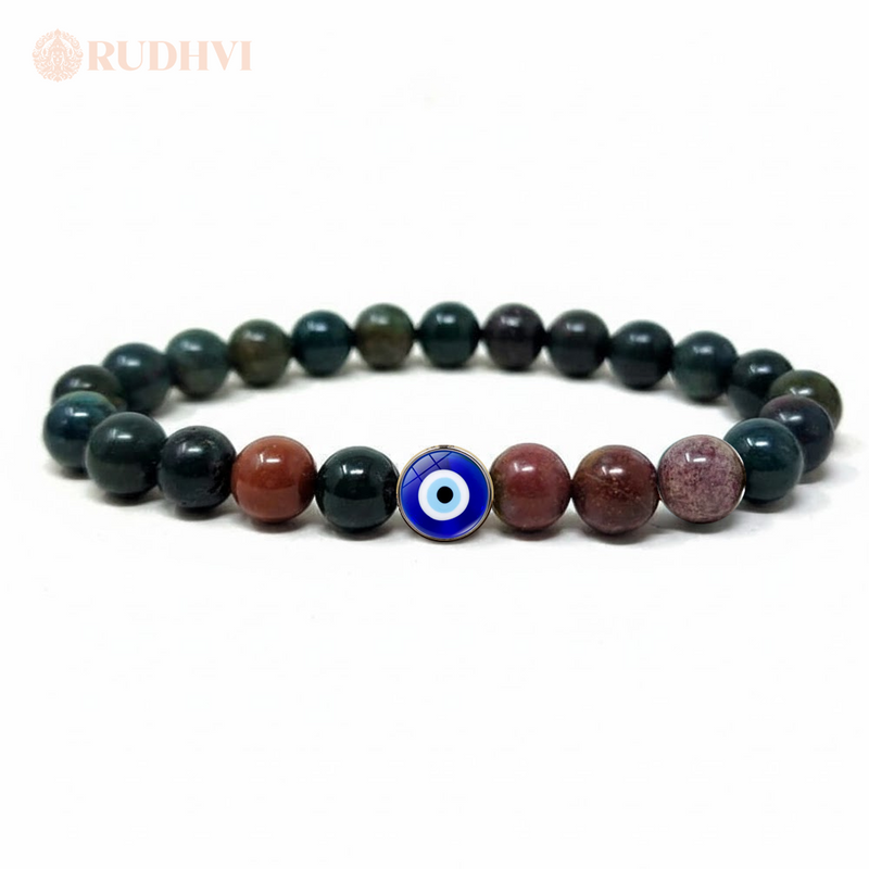  Bloodstone evil eye bracelet on white background
