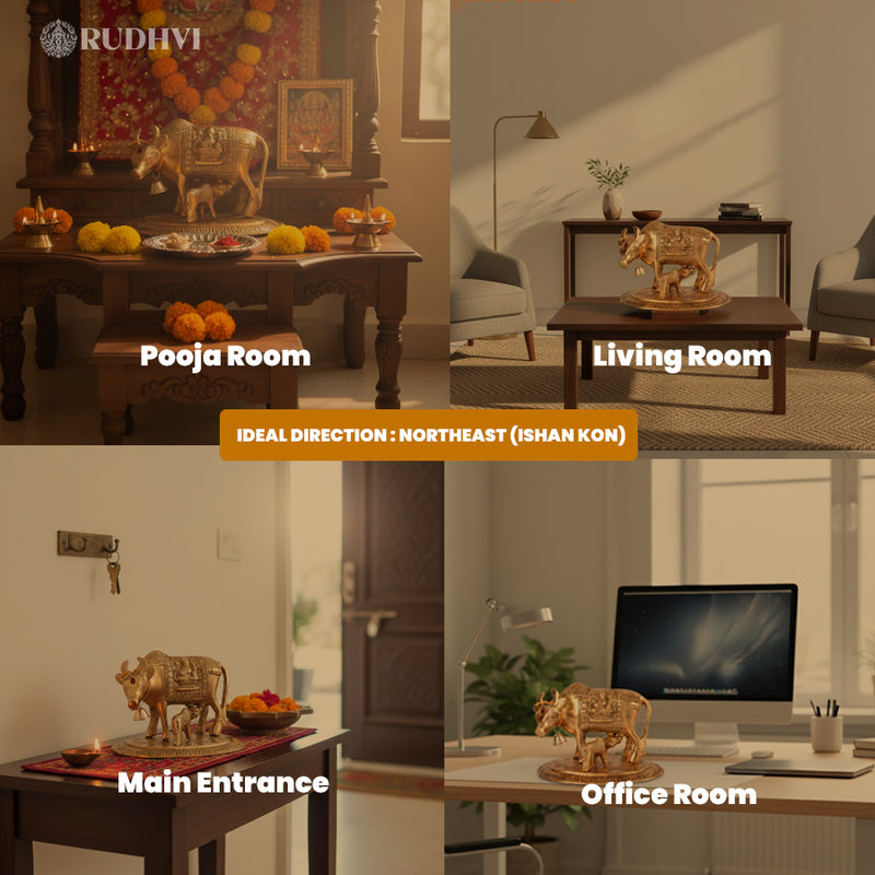 Brass Kamdhenu Cow and Calf Murti for Wealth, Prosperity & Vastu