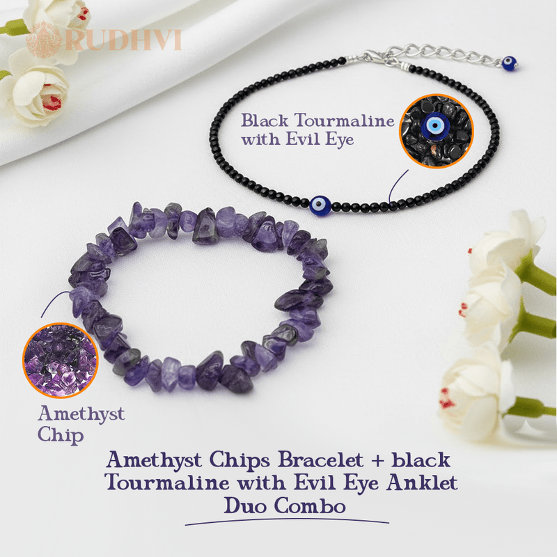 Amethyst Chips Bracelet and Black Tourmaline Anklet with Evil Eye on a white background with flowers.