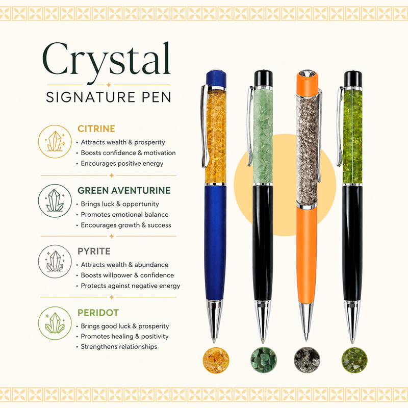 Crystal Signature Pen | Citrine, Green Aventurine, Pyrite & Peridot