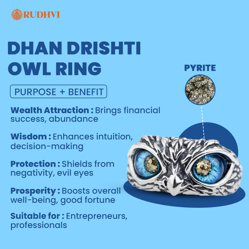 Dhan Drishti Owl Ring with Pyrite – Wealth & Protection Spiritual Ring