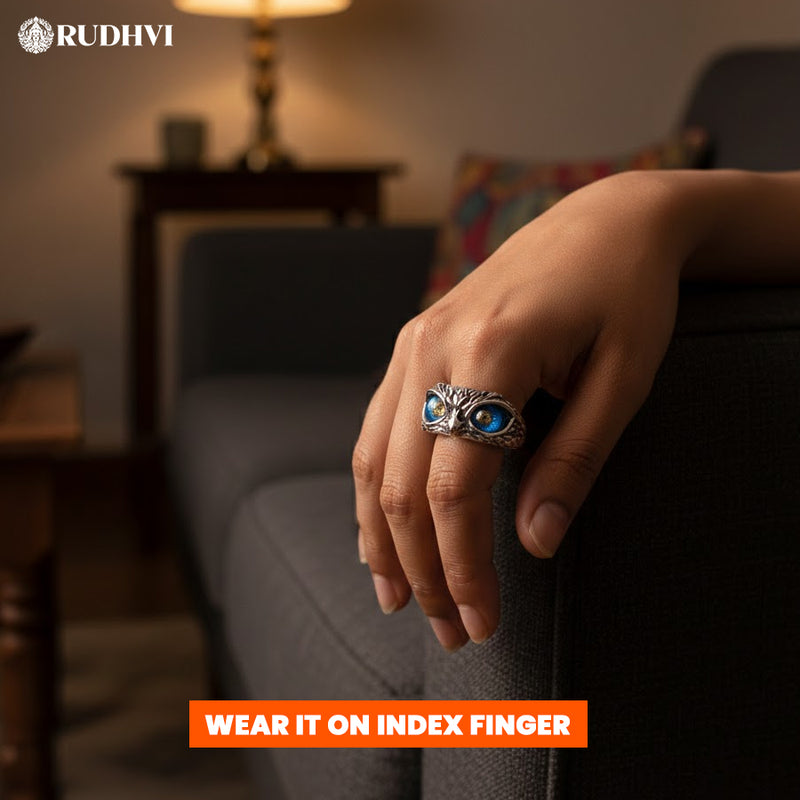 Dhan Drishti Owl Ring with Pyrite – Wealth & Protection Spiritual Ring