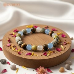Gemini (Mithun Rashi) Zodiac Bracelet – Dalmatian Jasper, Selenite, Serpentine, Blue Chalcedony & Tiger Eye | Rudhvi™