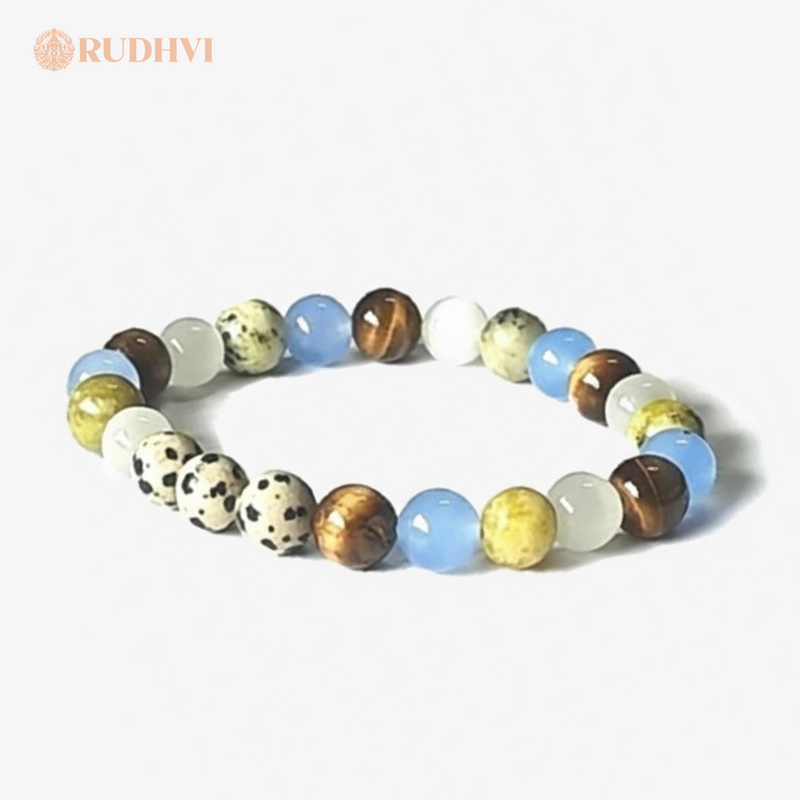 Gemini (Mithun Rashi) Zodiac Bracelet – Dalmatian Jasper, Selenite, Serpentine, Blue Chalcedony & Tiger Eye | Rudhvi™