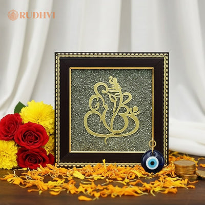 Ganesh Ji Pyrite Frame with Evil Eye Hanger – Dual Protection for Home & Office