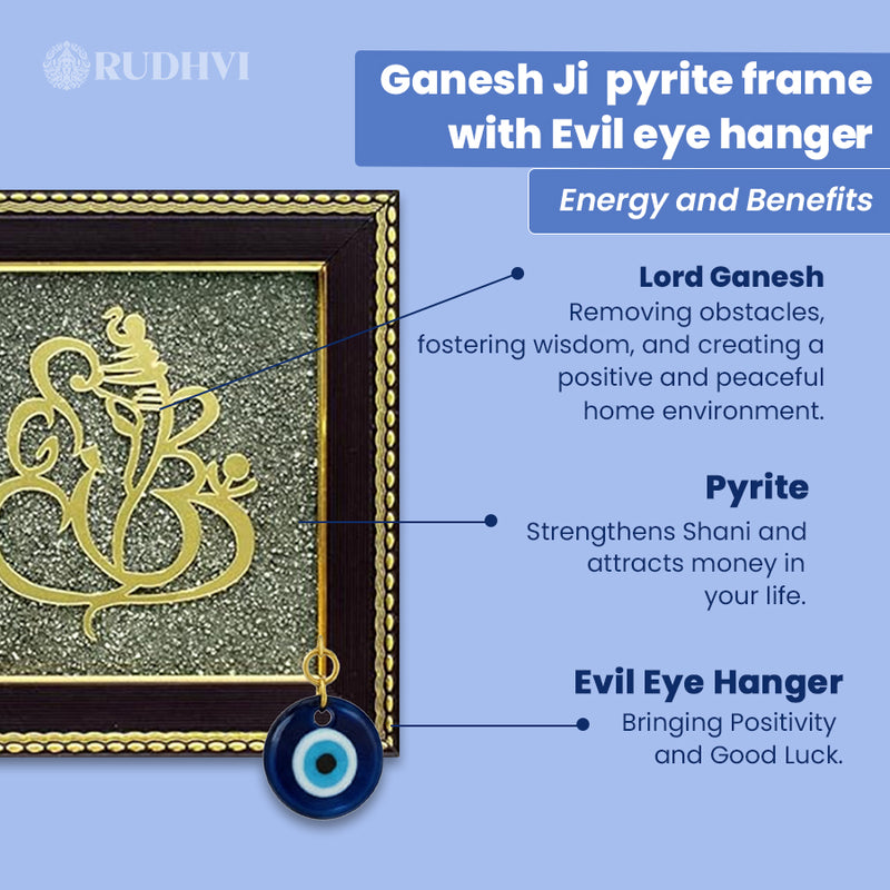 Ganesh Ji Pyrite Frame with Evil Eye Hanger – Dual Protection for Home & Office
