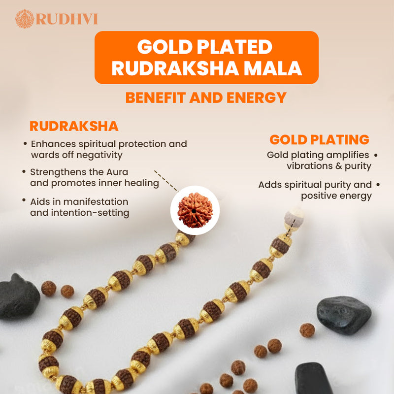 Gold Plated Rudraksha Mala – Spiritual Protection & Positive Energy | Rudhvi
