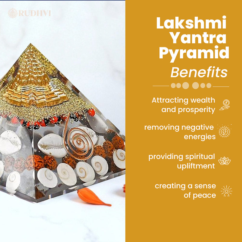 Laxmi Pyramid size and specification image showing benefits for meditation, Vastu healing and abundance-rudhvi