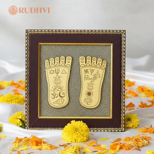 Maa Lakshmi Charan Paduka on Raw Pyrite Frame – Wealth, Prosperity & Abundance