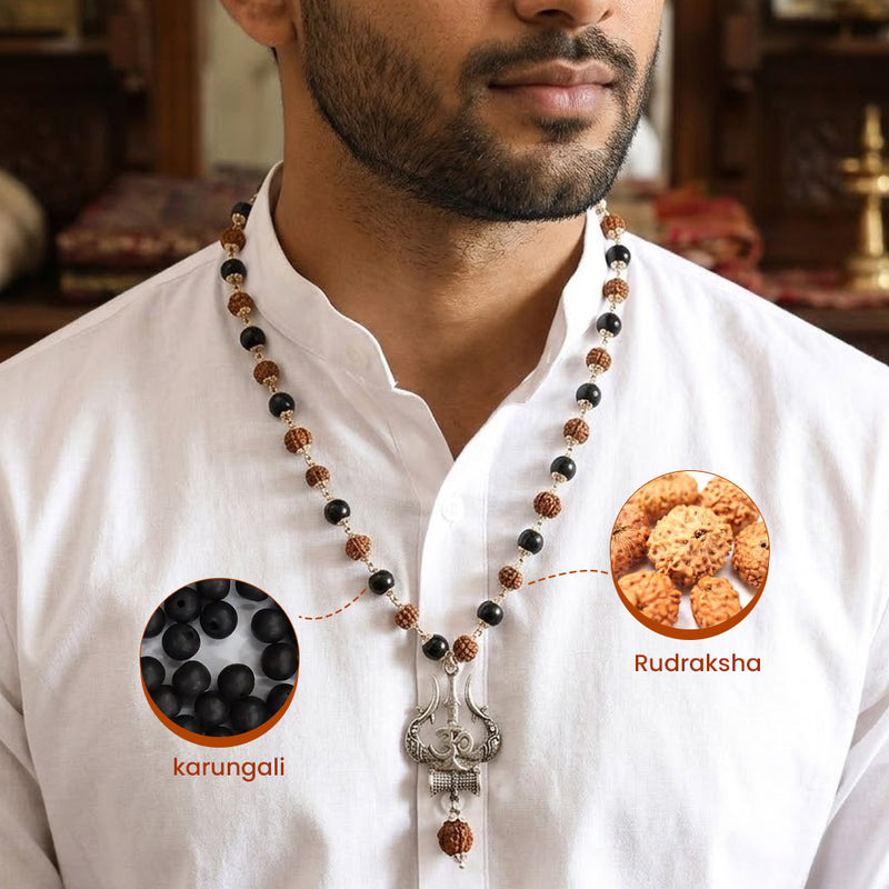 Mahadev Trishul Rudraksha Karungali Mala – Protection & Spiritual Strength