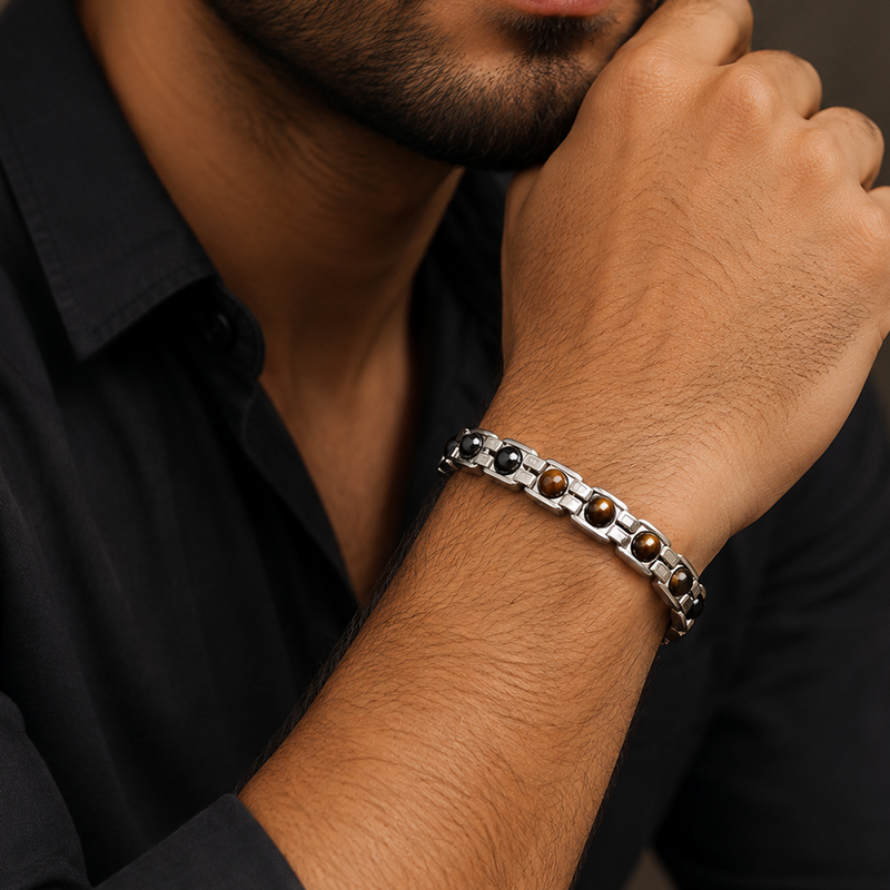 Triple Protection Bracelet – Tiger Eye, Hematite & Black Obsidian | Silver