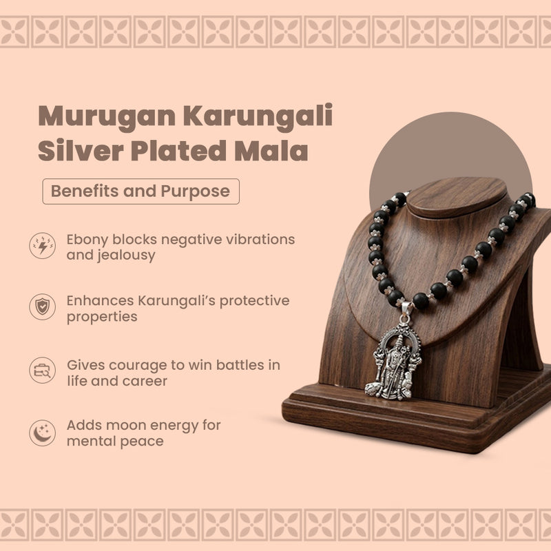 Murugan Karungali Silver Plated Mala – Protection, Courage & Mental Peace