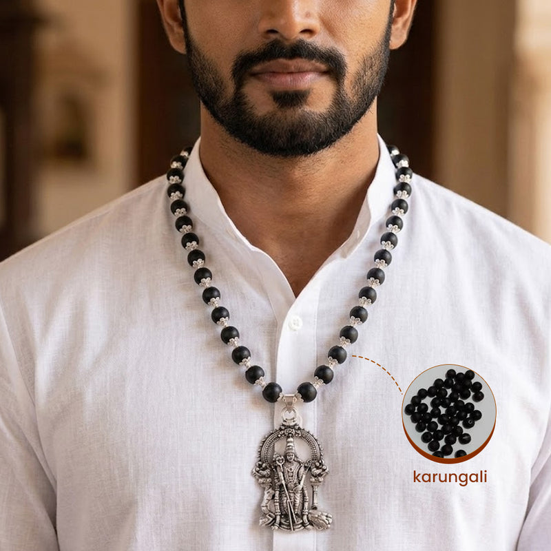 Murugan Karungali Silver Plated Mala – Protection, Courage & Mental Peace