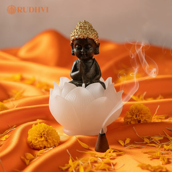 Pyrite Baby Buddha on Selenite Lotus – Prosperity, Positivity & Spiritual Energy | Rudhvi