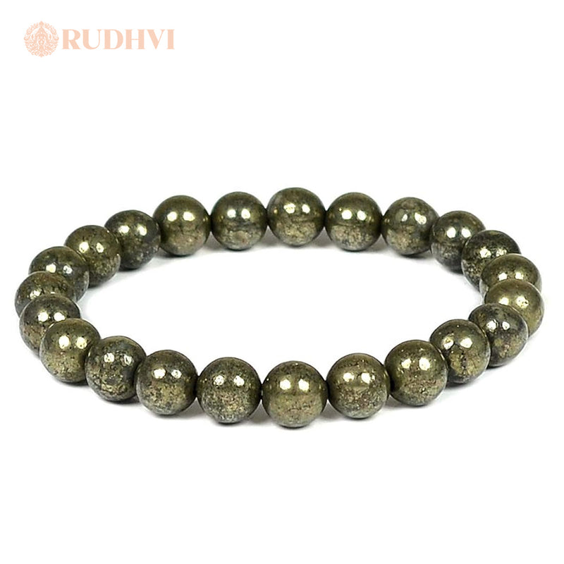 Pyrite beaded bracelet on a white background