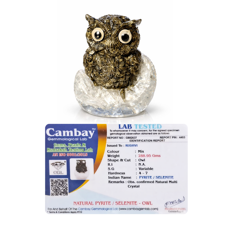 Pyrite Owl on Selenite Base – Wealth, Protection & Positive Energy Crystal Decor | Rudhvi