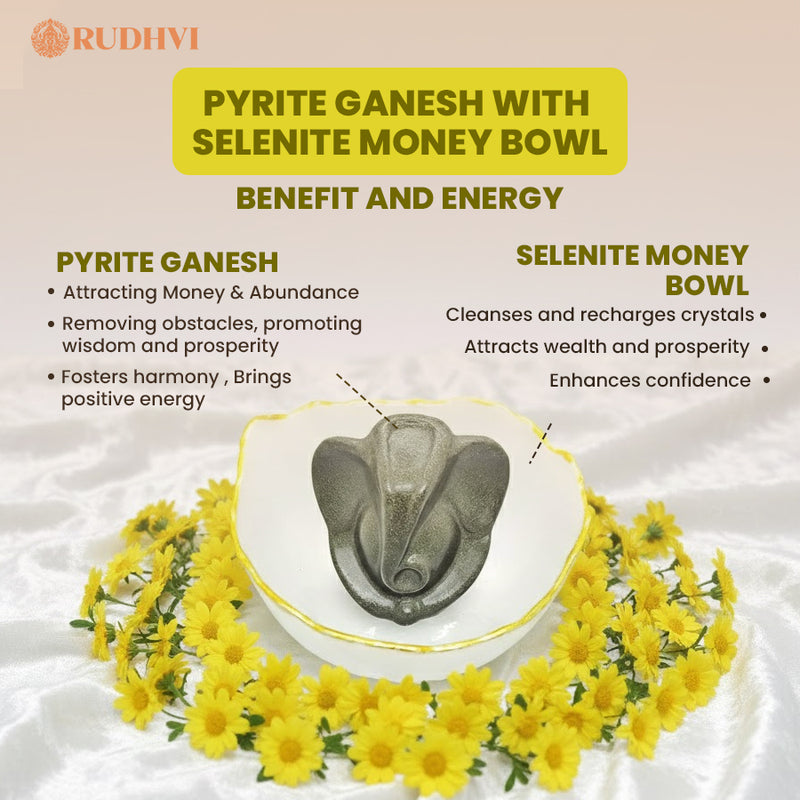 Pyrite Ganesh with Selenite Money Bowl – Wealth, Prosperity & Energy Cleanser | Rudhvi