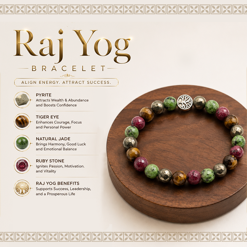 Raj Yog Bracelet | Natural Pyrite, Tiger Eye, Jade & Ruby Stone Crystal Bracelet for Wealth, Money Attraction, Success, Prosperity, Good Luck & Career Growth