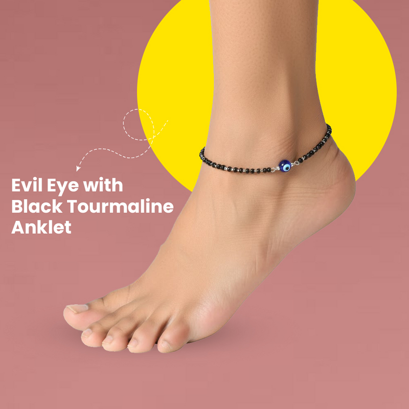 Model wearing Black Tourmaline Evil Eye Anklet – Nazar Suraksha Women