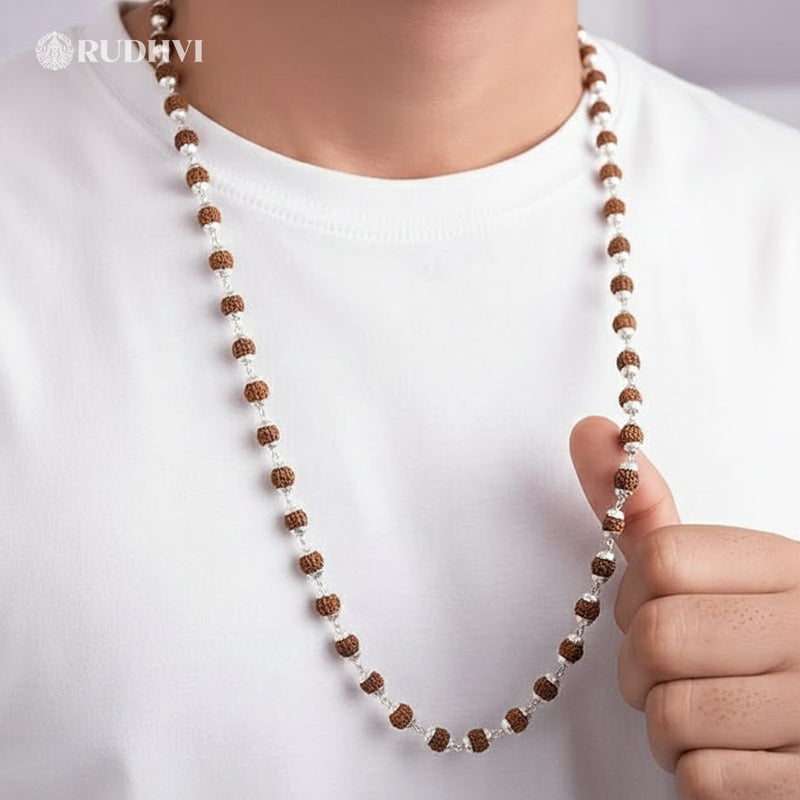 Silver Plated Rudraksha Mala – Spiritual Protection & Emotional Balance | Rudhvi