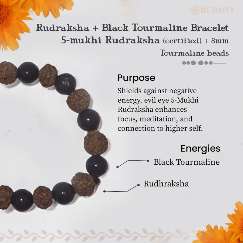 Rudraksha + Black Tourmaline Bracelet 5-mukhi Rudraksha