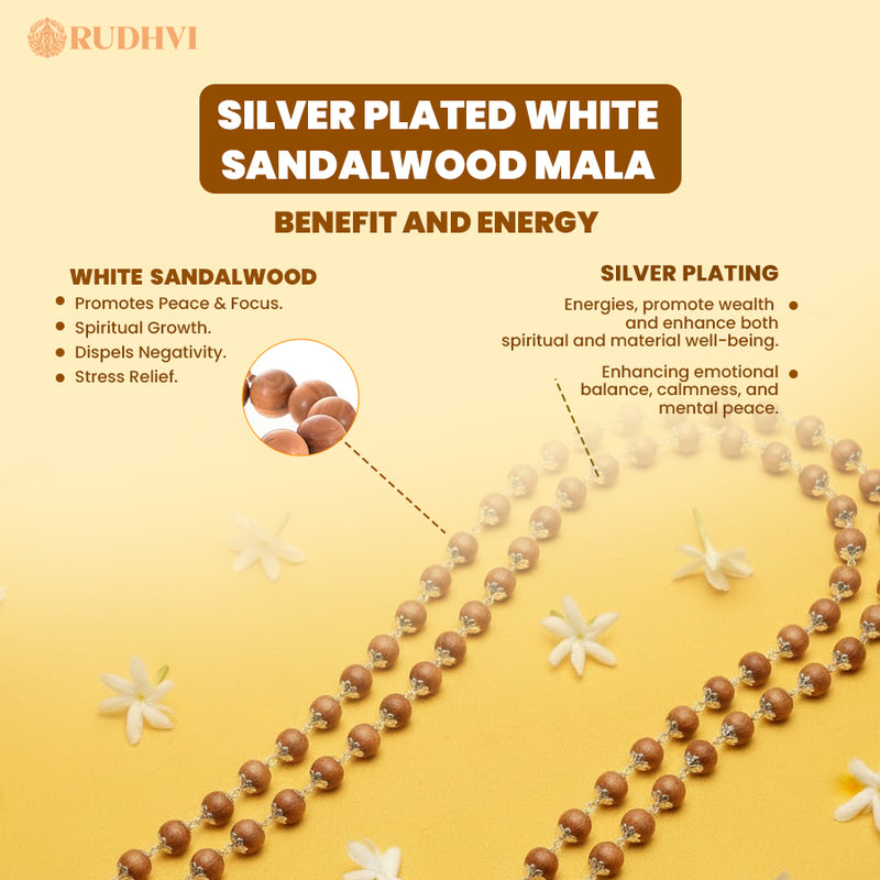 Silver Plated Sandalwood Mala – Calmness, Focus & Spiritual Balance | Rudhvi